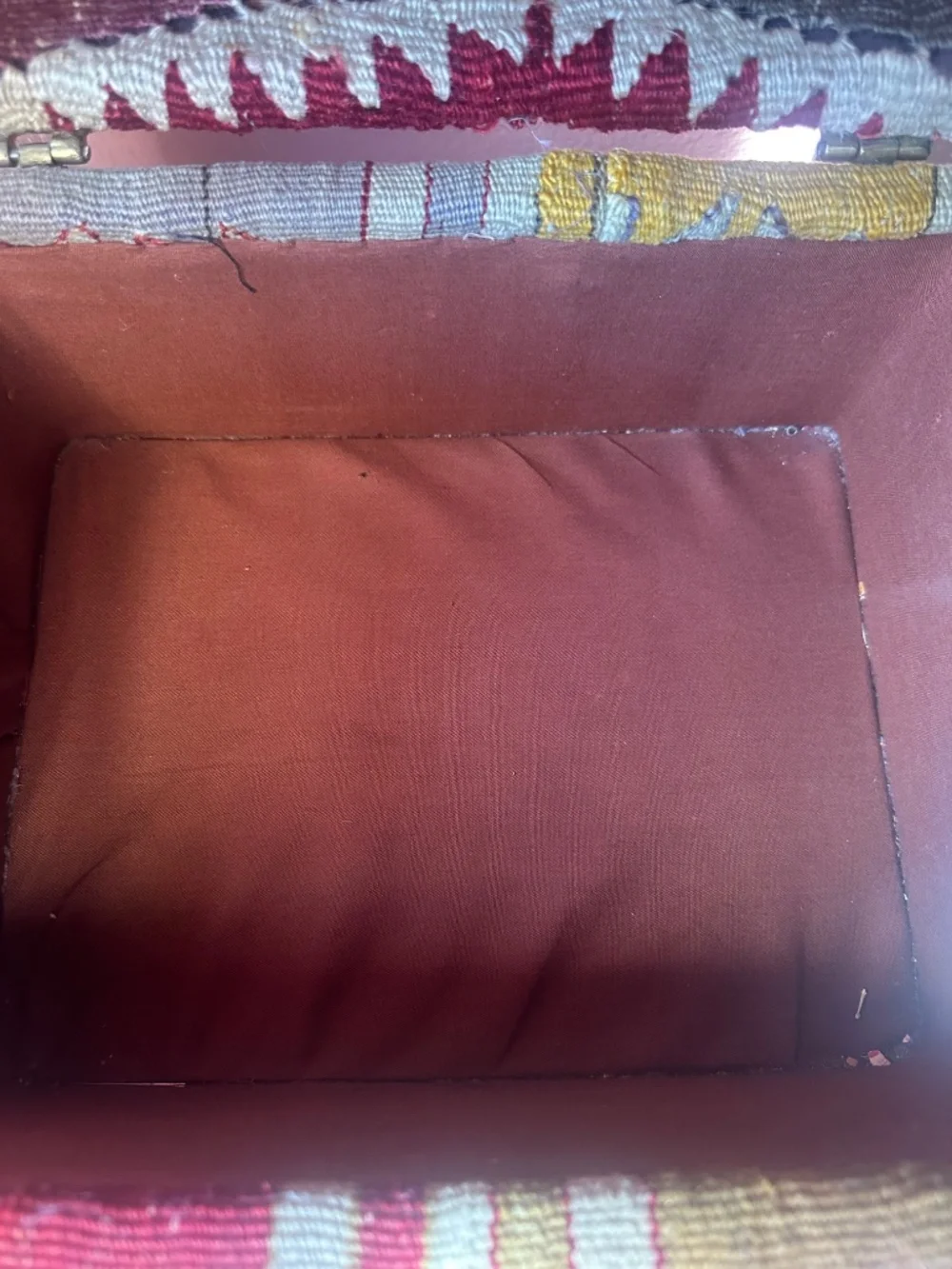 Vintage Turkish Kilim covered storage box with brass hardware
